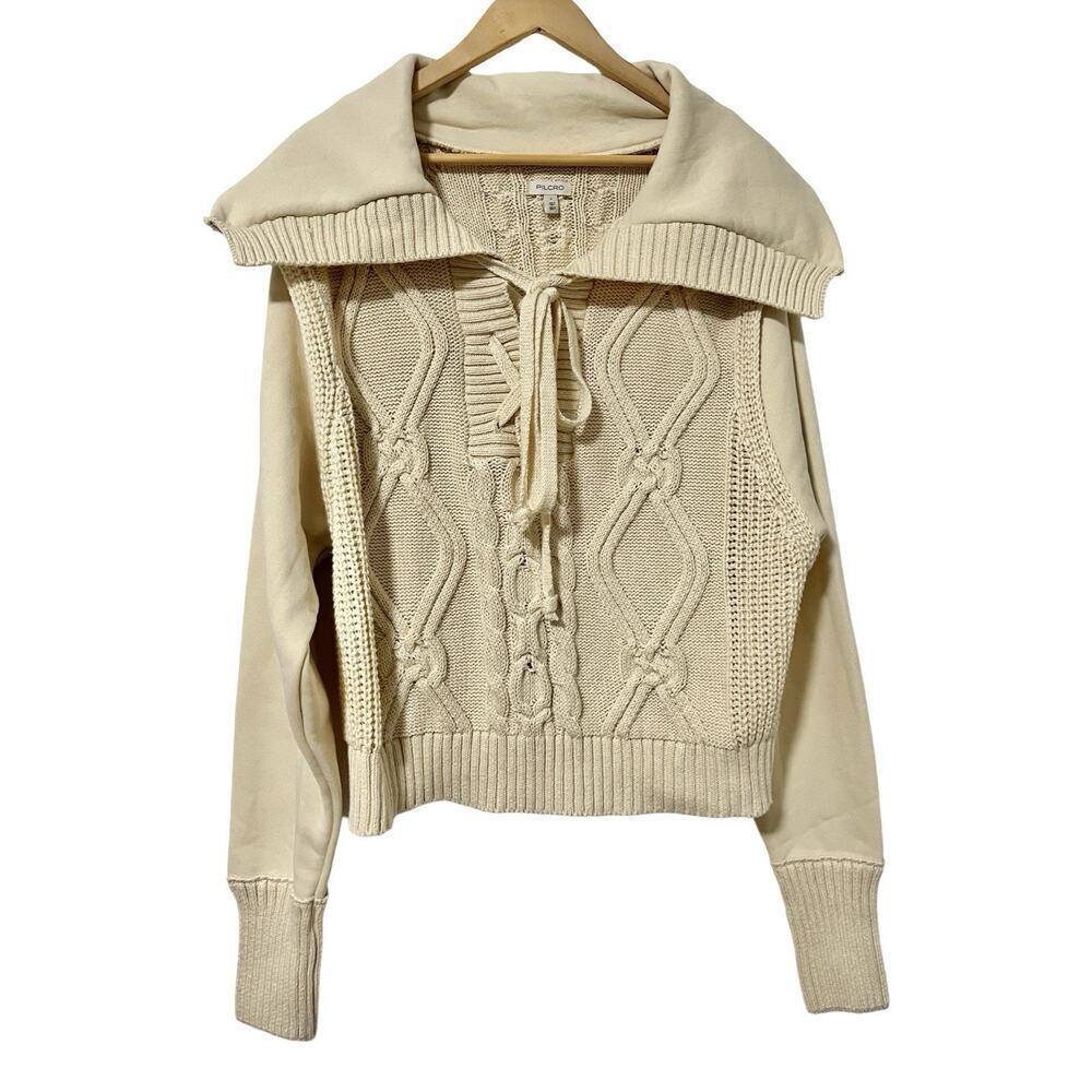 Anthropologie Pilcro Cable‎ Knit Collared Sweater Size L Cream Chunky Fisherman
